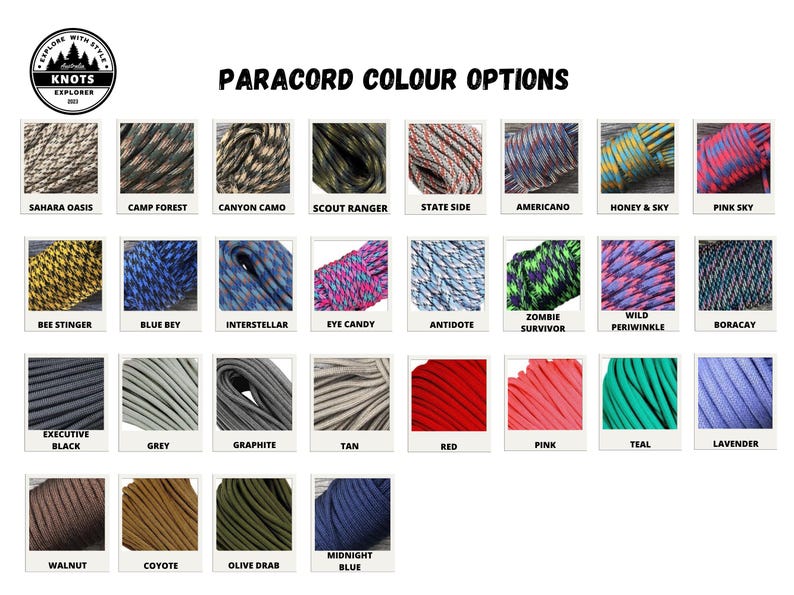 Op de afbeelding: Een display van paracord-kleuropties, met een verscheidenheid aan tinten en patronen. Kleuren zijn onder meer Sahara Oasis, Camp Forest, Canyon Camo, Scout Ranger, State Side, Americano, Honey & Sky en Pink Sky. Extra kleuren zijn Bee Stinger, Blue Bey, Interstellar, Eye Candy, Antidote, Zombie Survivor, Wild Periwinkle en Boracay. Andere kleuren zijn Executive Black, Grey, Graphite, Tan, Red, Pink, Teal, Lavender, Walnut, Coyote, Olive Drab en Midnight Blue.