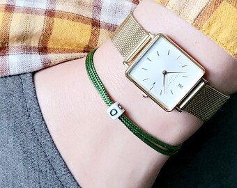 Thin Bracelet with Initial, Gift for Friends, Adjustable Handmade Paracord Surfer Bracelet, Gift for Teens, Minimalist Green Bracelet
