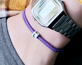 Lilac Surfer Bracelet with Initial, Friendship Gift for Women, Adjustable Handmade Paracord Bracelet, Gift for Teens, Minimalist Bracelet