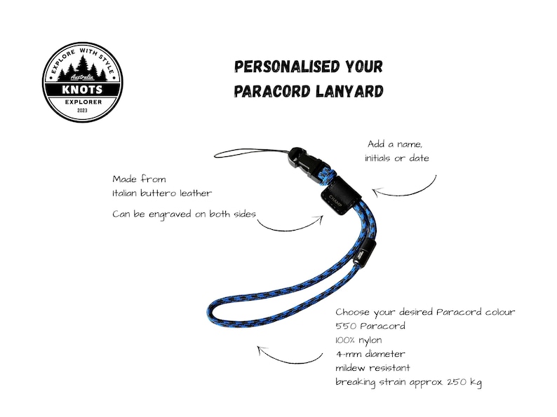 Op de afbeelding: Een blauw en zwart paracord koord met een zwarte sluiting. Het koord is gemaakt van 100% nylon, heeft een diameter van 4 mm en is schimmelbestendig. De tekst luidt "Personaliseer je Paracord Lanyard".