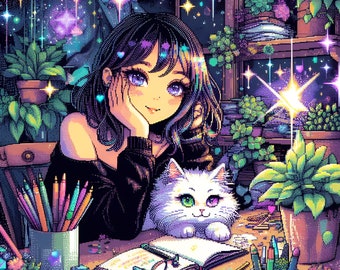 anime girl with cat journal - cute starry whimsical magical daydreamer pixel art print diary gift