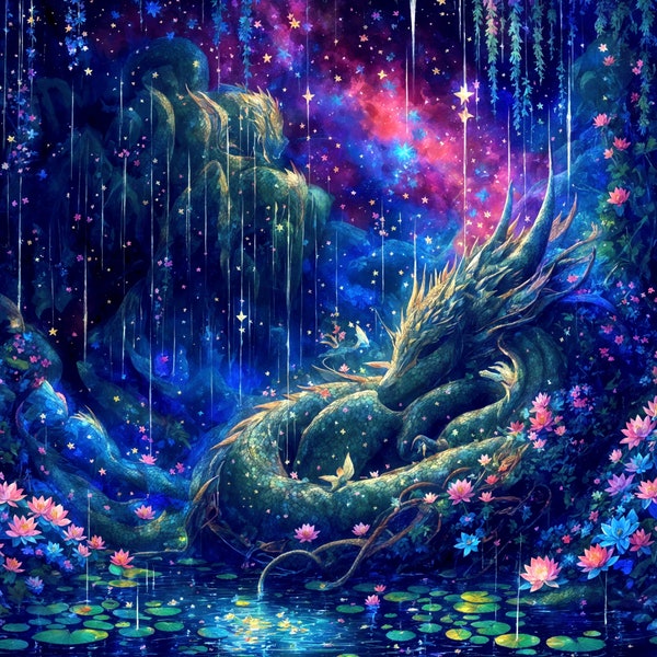 forest dragon nature nebula tapestry - starry whimsical glittering cosmic art print indoor wall covering room decor gift