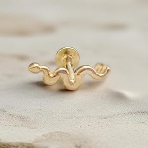 14K Solid Gold Snake Piercing – Push-In Flat Back Stud, Yellow Gold Threadless Snake Earring, Cartilage or Tragus Piercing