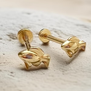 14K Solid Gold Tiny Fish Stud Earring – Minimalist Ocean-Inspired Cartilage, Tragus, Helix Piercing Jewelry – Real Gold Goldfish Earring