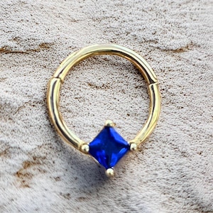 14K Gold Hoop with Navy Square Zircon – Bold Cartilage Piercing for Tragus, Helix, Conch