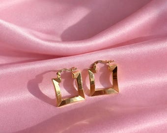 Orecchini a cerchio quadrati in oro massiccio 14K - Cerchi geometrici in oro massiccio per donna / Orecchini minimalisti in vero oro