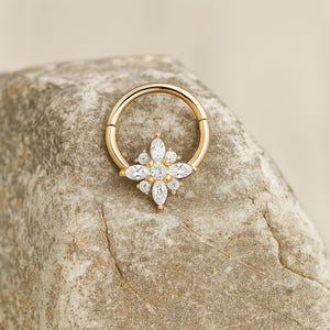 14K Solid Gold Floral Diamond Septum Ring, Dainty Clicker Hoop for Daith, Helix, Tragus or Cartilage Piercing