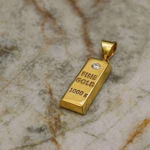 Mini Gold Bar Pendant with CZ – 14K Gold Plated Ingot Charm, “Fine Gold 1000g” Necklace, 1.8cm Unisex Pendant