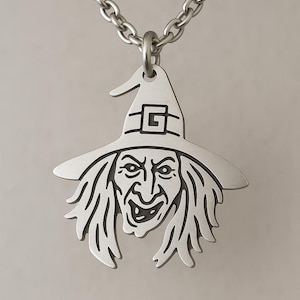 Halloween Witch Necklace – Spooky Silver Pendant with Witch Face, Laser Cut Jewelry for Halloween Costume & Gothic Style