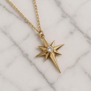 14K Solid Gold North Star Necklace – Dainty Celestial Pendant with CZ Center – Minimalist Starburst Jewelry for Women