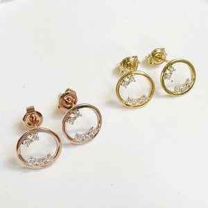 Silver Circle Stud Earring, Minimalist Round Stud, Small Silver Stud, Dainty Circle Earring Plated with Rose Gold, CZ Circle Round Earring