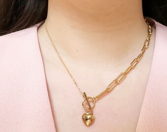 Puffy Heart Toggle Necklace Gold 3D Heart Chain Necklace Puffed Heart Ball Chain Necklace Paper Clip Chain Necklace Gold Plated Brass