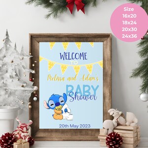 Editable Stitch Baby Shower 3 Colors Welcome Sign, Boho Blue Baby Shower Party Decor, Gender Reveal Table Sign Canva Template
