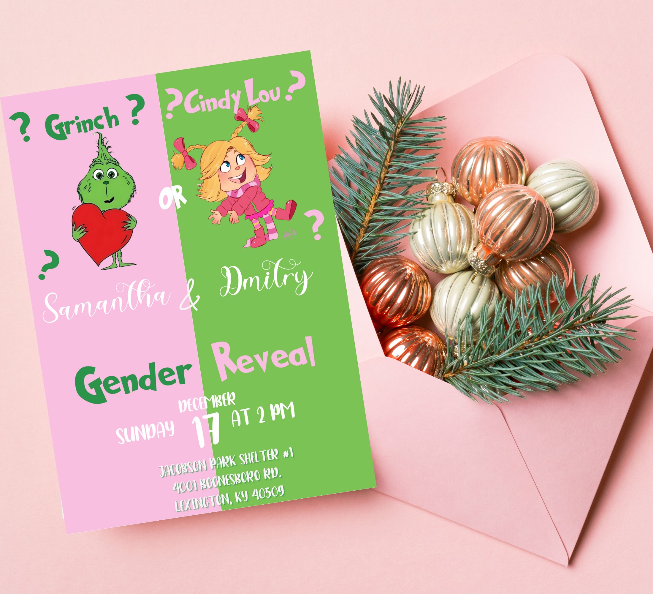 Grinch Christmas Baby Gender Reveal Party Invitation, Grinchmas Winter