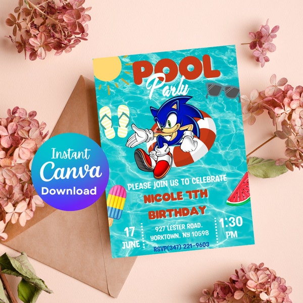 Sonic Pool Party Birthday Invitation, Super Hedgehog Birthday Invite, Super Sonic Pool Party Invite, Beach Party Editable Invitation