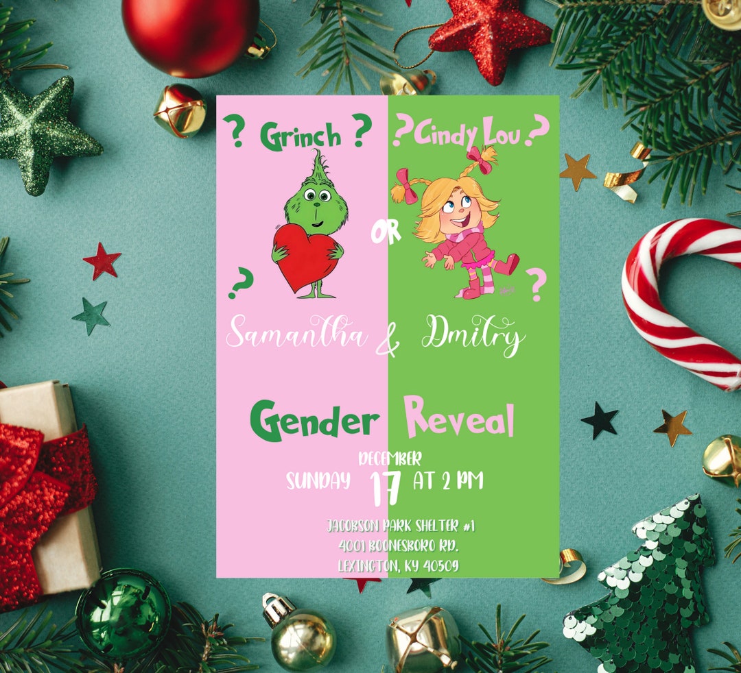 Grinch Christmas Baby Gender Reveal Party Invitation, Grinchmas Winter