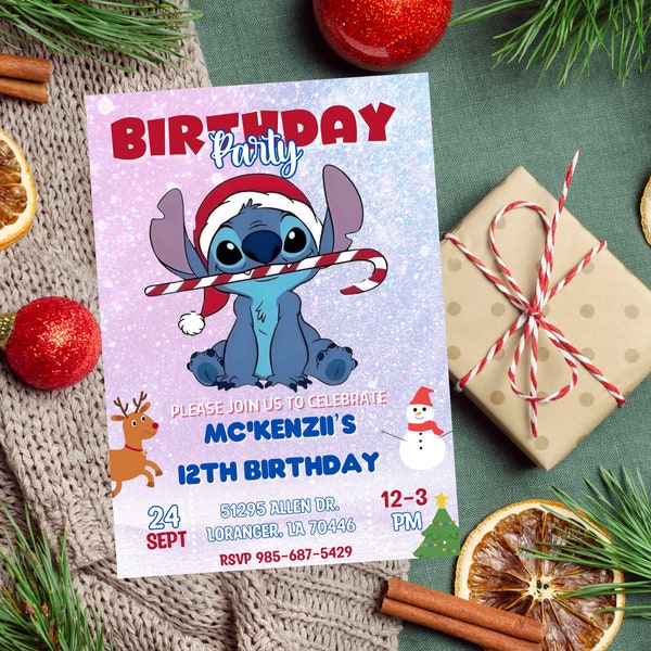 Stitch Christmas Winter Red Cute Birthday Invitation, Xmas Birthday Kid Invitation, Baby Kids Birthday Party Instant Editable Canva