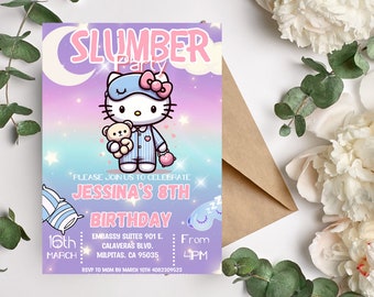 Kawaii Kitty Sleepover Hello Birthday Invitation, Slumber Party Kitty Invite, Rainbow Sleepover Editable Template Canva Instant Download