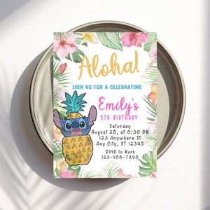 Stich Aloha Tropical party birthday invitation, Stitch Lilo birthday invite party, Tropical Hawaii digital download invitation canva