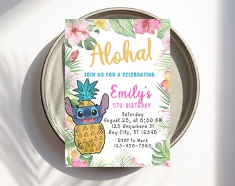 Stich Aloha Tropical party verjaardagsuitnodiging, Stitch Lilo verjaardagsuitnodiging feest, Tropical Hawaii digitale download uitnodiging canva