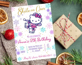 Ice Skating Kawaii Birthday Invitation, Ice Skating Kitty Birthday Party Invitation, Ice Skate Gold Invitation Editable Download Canva