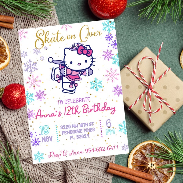 Ice Skating Kawaii Birthday Invitation, Ice Skating Kitty Birthday Party Invitation, Ice Skate Gold Invitation Editable Download Canva