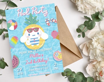 Kitty And Friends Hello Pool Party Invitation Kawaii Birthday Invitation kuro Cinnamon invitation Roll Kawaii Canva Instant Download