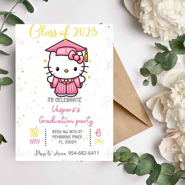 Kitty Pink Graduation Party Invitation | Self Editable In Canva | Kawaii Graduation Invitation | Printable Template | Editable Download