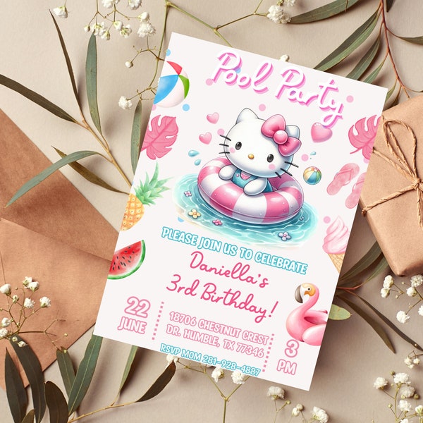 Kitty Pool Hello Watercolor Birthday Bash Invitation Gradient Pink | Kawaii Summer Template Kawaii Summer Swim Party Canva Instant Download