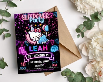 Kitty Neon Sleepover Birthday Invitation - Custom Glow Party Invite for Kids - Personalized Kawai Celebration Editable Download Canva