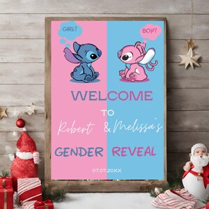 Stitch Angel Gender Reveal Welcome Sign, Stitch Lily Baby Shower ,Blue Pink Reveal Decor, Stitch Themed Party Decor