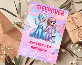 Frozen Invitation Elsa Sleepover Anna Birthday Invitation Slumber Party Olaf Birthday Printable,Editable Instant Download Canva Template