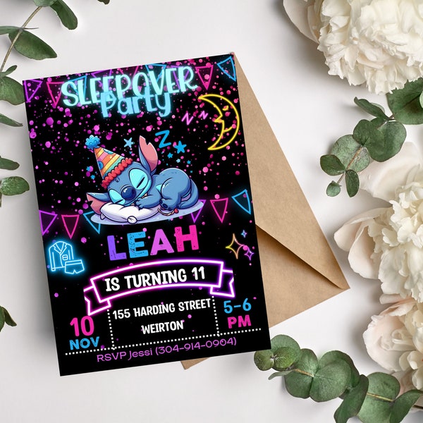 Stitch Neon Sleepover Birthday Invitation,Editable Stitch Slumber Lilo Gliter Birthday Kid Invite, Canva Editable, Lilo and Stitch Party
