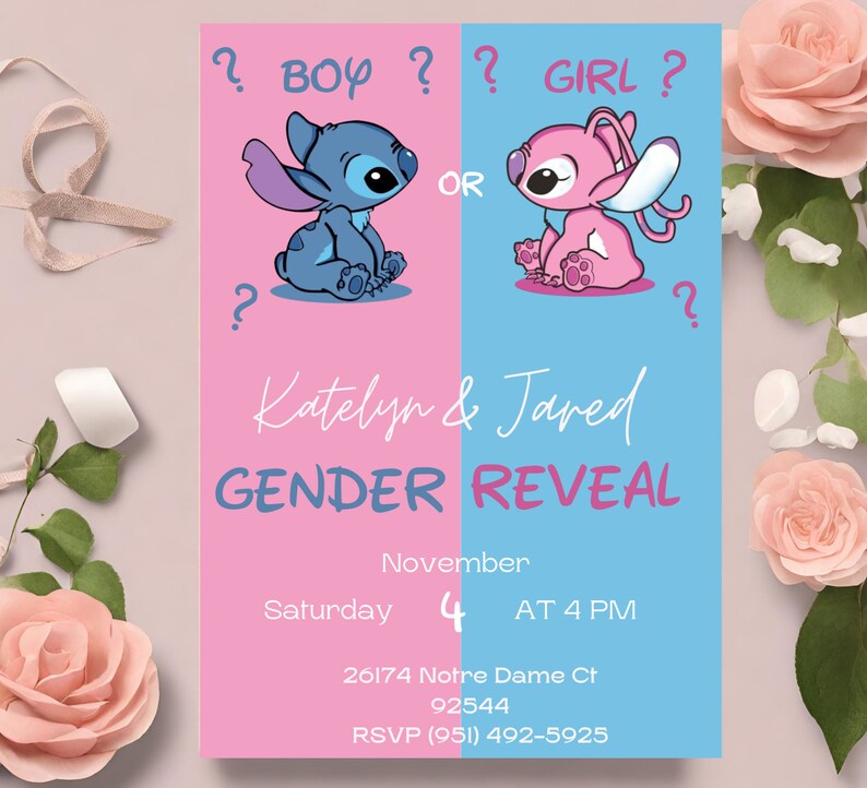 Stich and Angel Gender Reveal Invitation,stitch Baby Shower, Canva