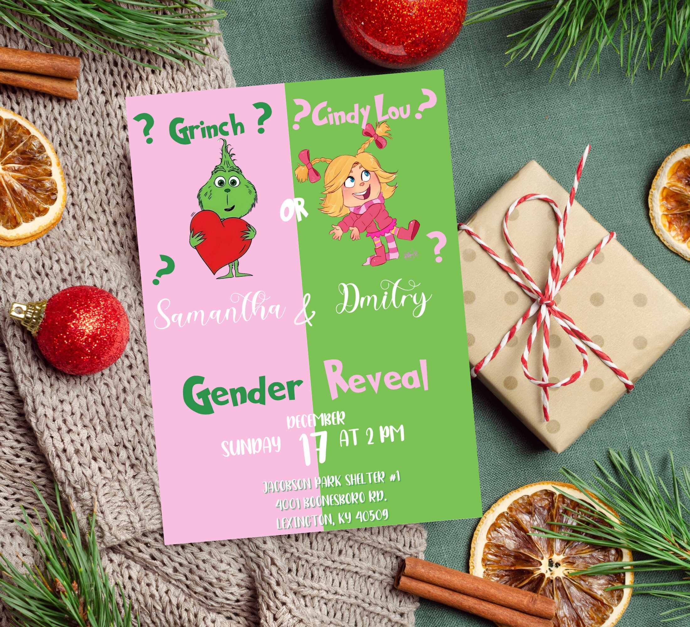 Grinch Christmas Baby Gender Reveal Party Invitation, Grinchmas Winter