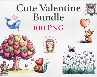 Watercolor Valentine Clipart Bundle, 100 PNG Illustrations (Commercial Use)