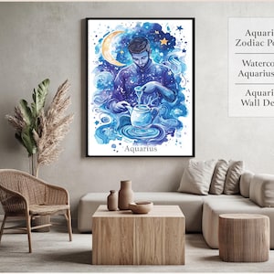 Aquarius Zodiac Print, Watercolor Art Poster, Instant Download, Aquarius Horoscope Decor, Printable Artwork, Gift Idea, Home Office Wall Art
