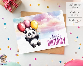 Aquarelle carte de voeux panda, jolie carte d'anniversaire ludique pour tous les âges, parfaite pour les amateurs de panda et les célébrations spéciales, carte imprimable