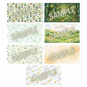 May include: A selection of St. Patrick's Day themed designs. The designs feature gnomes, a forest scene, shamrocks, a rainbow over a green landscape, and rainbows with gold coins. The word "SAMPLE" is printed across each design.