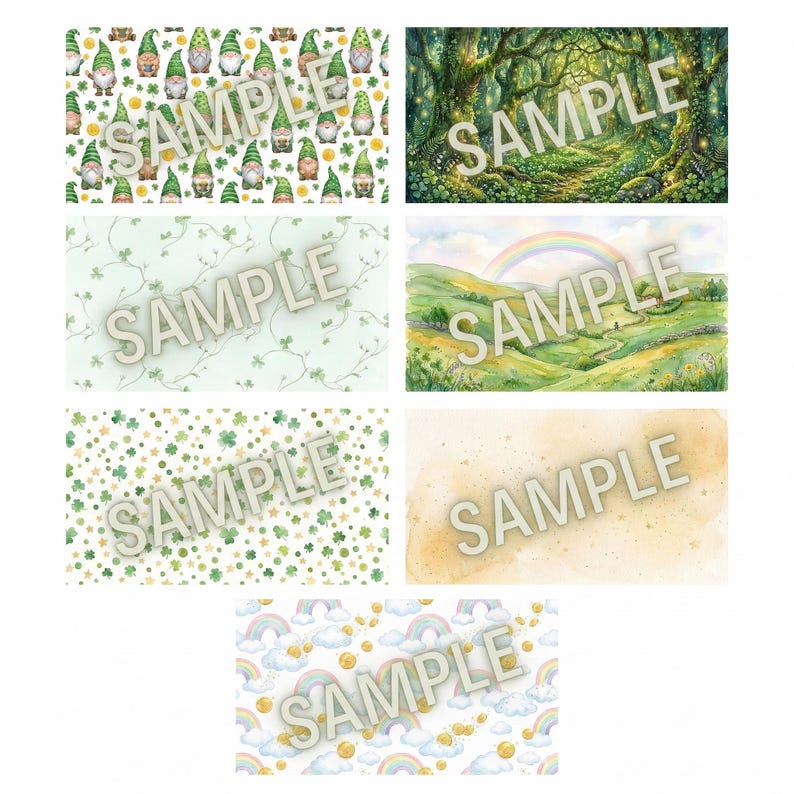 May include: A selection of St. Patrick's Day themed designs. The designs feature gnomes, a forest scene, shamrocks, a rainbow over a green landscape, and rainbows with gold coins. The word "SAMPLE" is printed across each design.