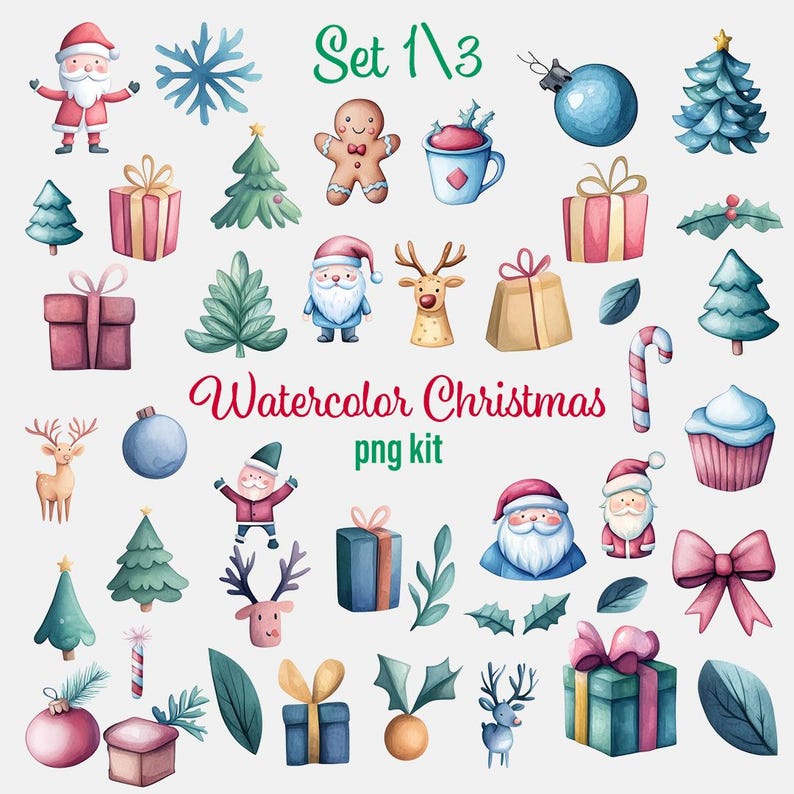 Christmas Watercolor Clipart Bundle: Holiday PNG Graphics (digital ...