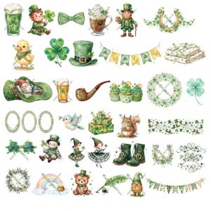 May include: A collection of watercolour illustrations featuring St. Patrick's Day themes. The image includes a leprechaun, shamrocks, a pint of green beer, a hat, a bow tie, a horseshoe, a rainbow, a teddy bear, a pipe, cupcakes, and a duckling.