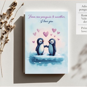 Cartão de Dia dos Namorados de Pinguim, Design Romântico de Casal de Pinguins, Download Digital para Impressão 5x7, Cartão de Amor Fofo, Perfeito para Compartilhamento Instantâneo!