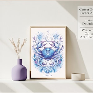 Cancer Zodiac Poster, Watercolor Crab Art, Instant Download, Astrology Wall Decor, Cancer Birthday Gift, Printable Art for Home or Office