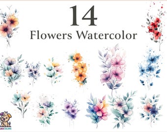 14 Watercolor Flower Clipart Set, Floral PNG (Digital Download)