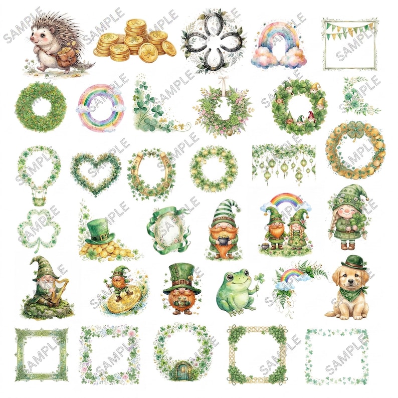 May include: A selection of watercolour illustrations with St. Patrick's Day motifs. Depicts a hedgehog, gold coins, shamrocks, rainbows, gnomes, wreaths, a frog, and a golden retriever puppy.