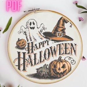 Schema punto croce Happy Halloween - Zucche fantasma horror vintage, stregoneria e spaventoso fai da te PDF da scaricare