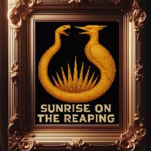 May include: A gold framed image with a black background. The image features a stylized design of two intertwined creatures, a snake and a bird, with a sunburst in the center. The text "Sunrise on the Reaping" is printed below the design.
