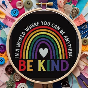 Be Kind Cross Stitch Pattern – Pride Month, Rainbow Pride Decor, Modern Embroidery Design, Instant Download, DMC, Pattern Keeper Compatible