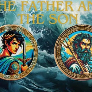 Può includere: Opera d'arte con due ritratti circolari con cornici dorate su uno sfondo di onde blu e bianche. Un ritratto raffigura un giovane con una spada, l'altro un uomo anziano con un tridente. Il testo "THE FATHER AND THE SON" è in alto.